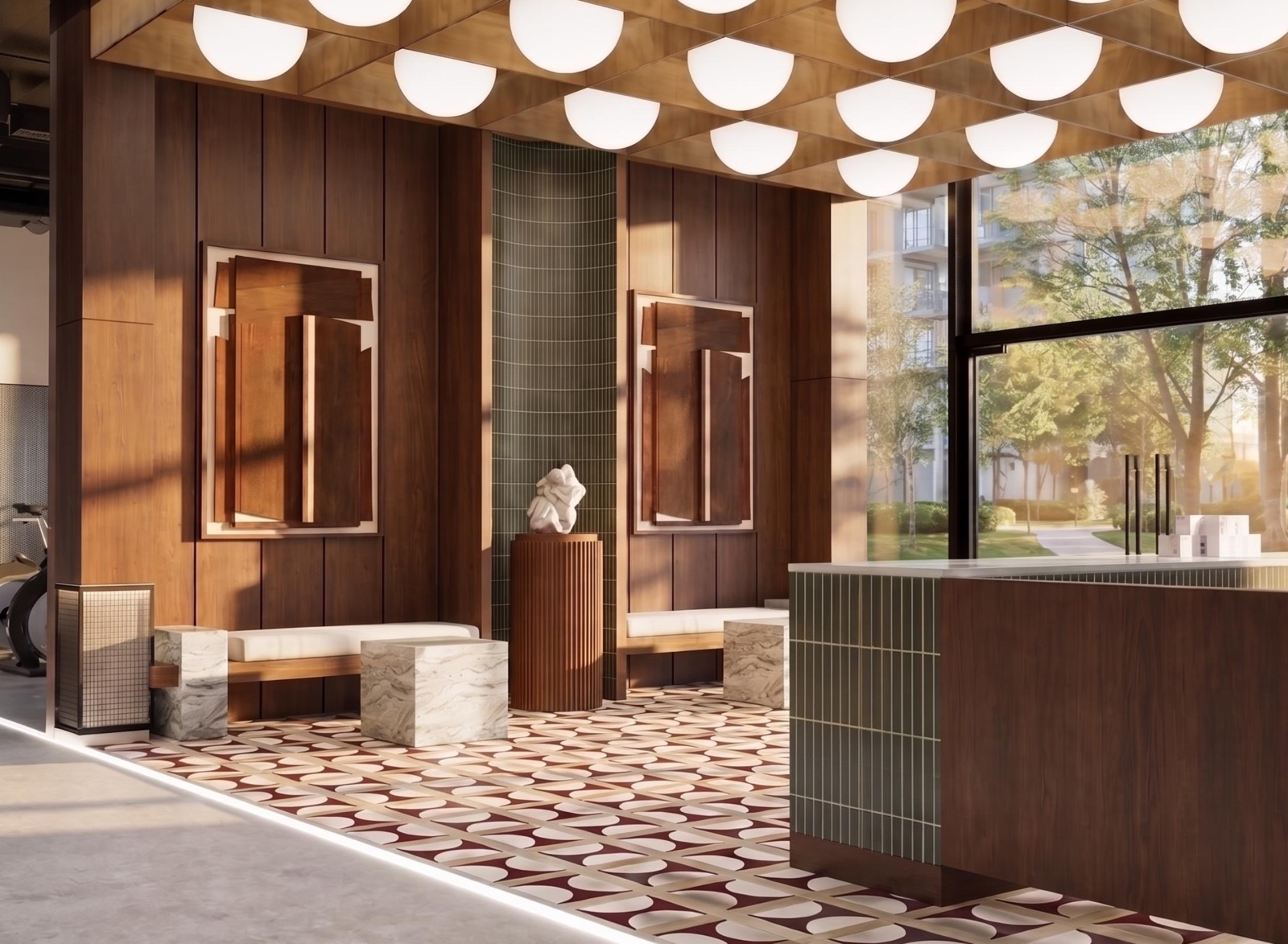 Warm wood-and-stone hotel lobby interior