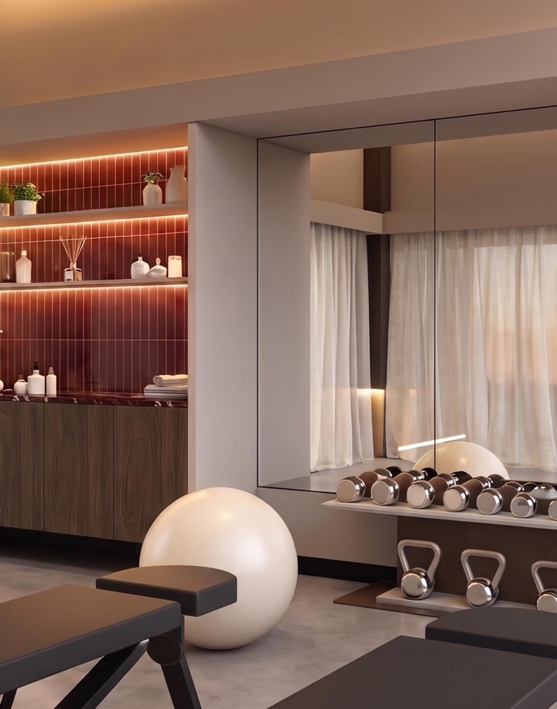 Warmly lit spa and fitness interior